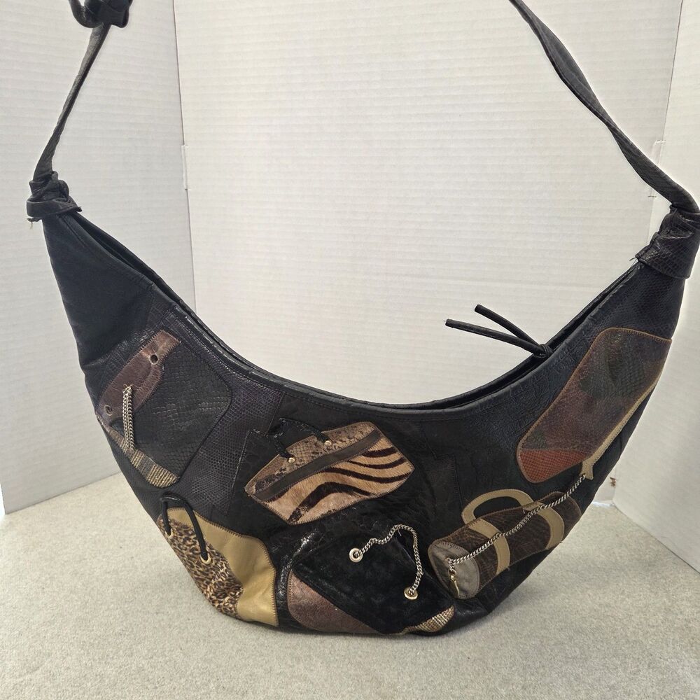 Vintage Sharif USA Leather Slouch Bag Patch Work Hobo Animal Print Eclectic